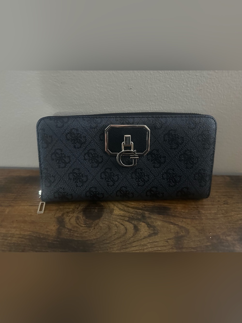 Guess Black Signature Continental Wallet with Silver G Accent